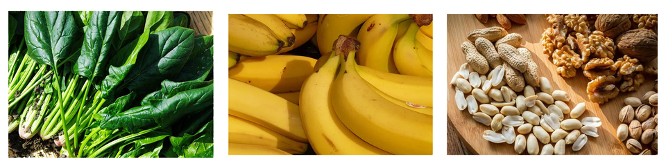 Trzy zdjęcia. Przedstawiają kolejno: liście szpinaku, banany oraz orzechy: arachidowe, pistacjowe, włoskie. 