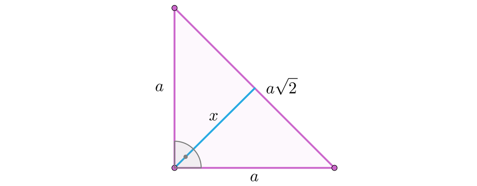 Ilustracja przedstawia trójkąt prostokątny, przyprostokątne mają długość a, z kolei przeciwprostokątna ma długość a pierwiastek kwadratowy z dwa koniec pierwiastka, z wierzchołka przy kącie prostym poprowadzono odcinek na przeciwprostokątną, odcinek ten podpisano literą x.