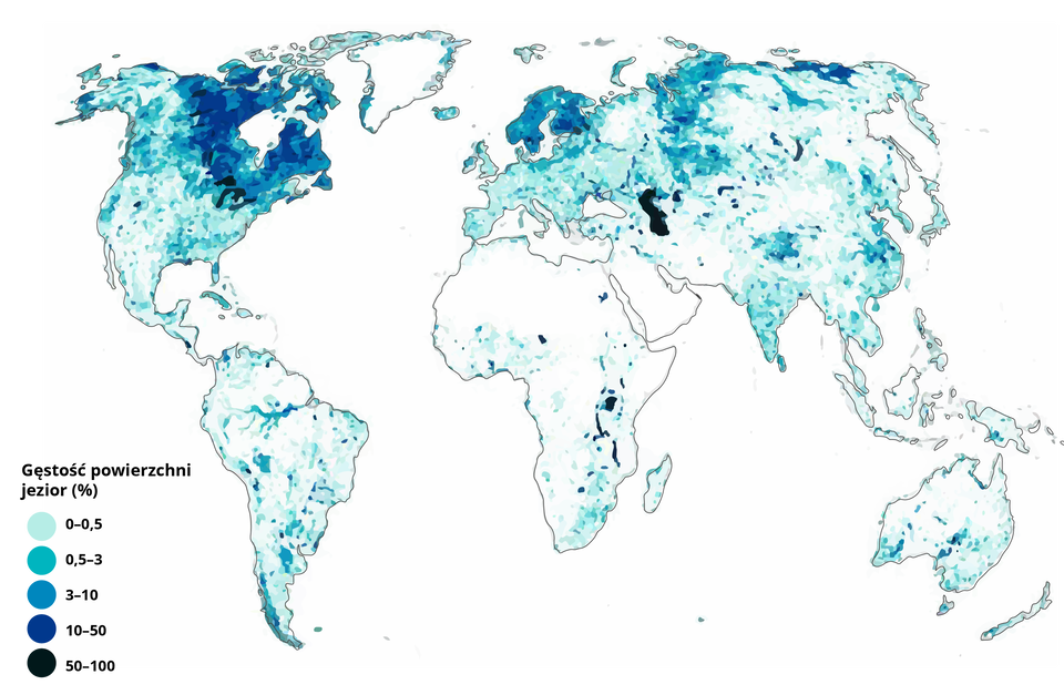 Mapa przedstawia  jeziorność na świecie. Zaznaczone są na niej kontury kontynentów, a w rogu legenda informująca o gęstości powierzchni jezior. Gęstość jezior oznaczają punkty na mapie. Czym punkt jest ciemniejszy, tym gęstość jest większa. Z mapy możemy wyczytać, że największą gęstością charakteryzują się obszary północne Ameryki Północnej, czyli głównie wschodnia Kanada, w Europie Skandynawia, a w Azji środkowa Rosja. W Ameryce Południowej dużą gęstością jezior charakteryzują się m.in. obszary Amazonii i południowego Chile . Z kolei w Afryce największą gęstość mają jeziora w środkowo wschodniej części kontynentu, a w Australii jeziora leżące na południowym wybrzeżu oraz niektóre obszary w środkowej części kontynentu.