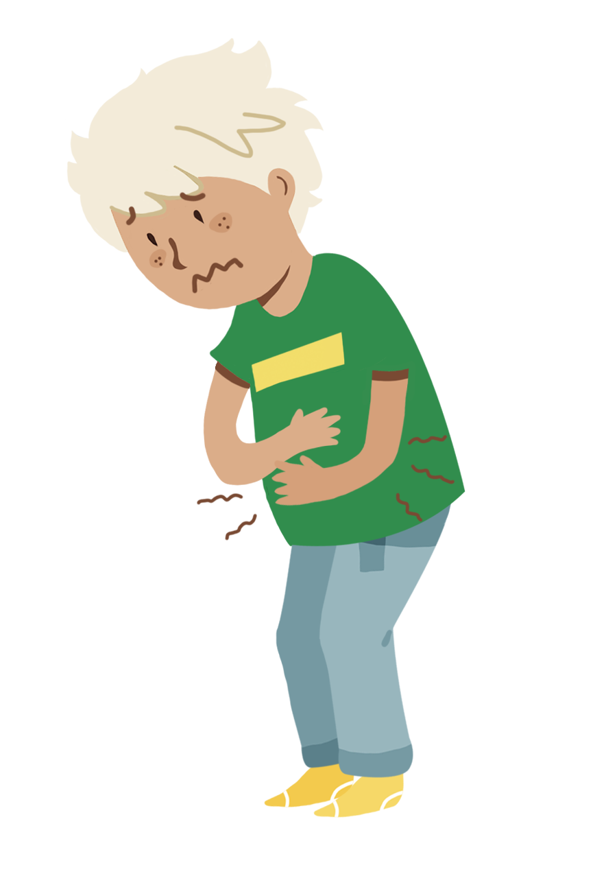 Ilustracja przedstawia chłopca trzymającego się za brzuch, na twarzy ma grymas wyrażający ból.
