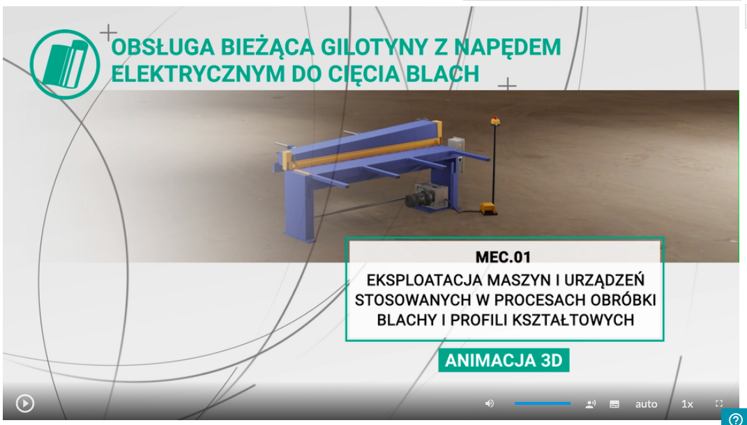 Początkowy widok animacji o tytule "Obsługa bieżąca gilotyny z napędem elektrycznym do cięcia blach. Poniżej po prawej stronie znajduje się nazwa całej lekcji em e ce kropka zero jeden. Eksploatacja maszyn i urządzeń stosowanych w procesach obróbki blachy i profili kształtowych.