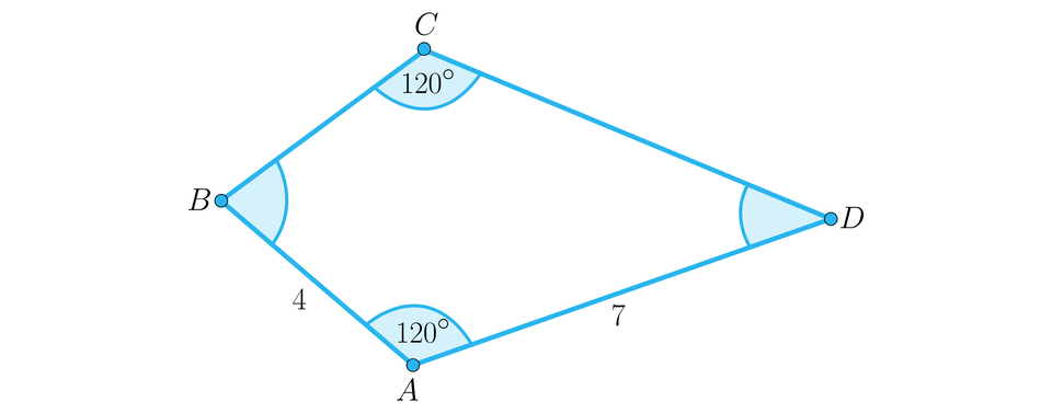 Na ilustracji przedstawiono deltoid A B C D. Kąty B C D i B A D są równe sto dwadzieścia stopni. Długość boku AB wynosi 4. Długość boku AD wynosi 7.