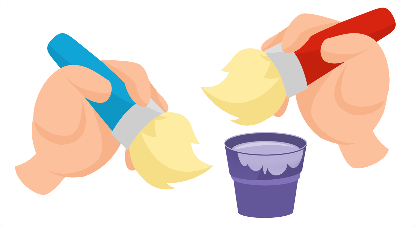 Ilustracja przedstawia ręce trzymające pędzle maczane w farbie.