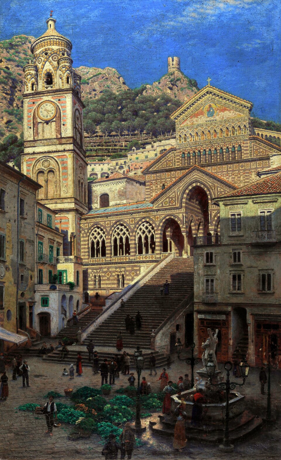 Ilustracja o kształcie pionowego prostokąta przedstawia obraz Aleksandra Gierymskiego „Katedra w Amalfi”. Ukazuje fasadę romańskiej katedry z XI wieku, na której ścianie odbija się słońce. W prawym dolnym rogu znajduje pomnik, wokół którego spacerują ludzie. W tle, za katedrą rozciąga się górzysty pejzaż z zabudowaniami. Niebo ma kolor intensywnie niebieski.