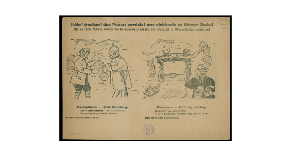 Ilustracja przedstawia stronę z dwiema ilustracjami. Na jednej Prusak odbiera worek monet w zamian za gazety. Na drugiej dwoje mężczyzn jadąc powozem rozrzucają je po okolicy. Na górze strony napis: Jakimi środkami chcą Prusacy zwyciężyć przy plebiscycie na Górnym Śląsku?