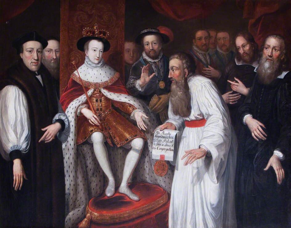 Ilustracja przedstawia scenę, w której król Edward VI mianuje Jana Łaski Młodszego, znanego za granicą jako John a Lasco, najwybitniejszego polskiego działacza reformacji na superintendenta zborów cudzoziemskich w Londynie. Król jest ubrany w ozdobne szaty z białym futrem w czarne kropki. Na głowie ma koronę. Jan Łaski odziany jest w białą szatę z czerwonym pasem, w ręku trzyma dokument uznania. Wokół zgromadzeni są dworzanie.