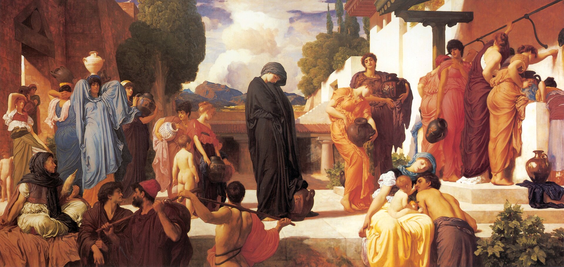Ilustracja przedstawia obraz „Uwięziona Andromacha”, której autorem jest Frederic Leighton. Na obrazie znajduje się wiele postaci w kolorowych szatach z brązowymi i jasnymi naczyniami na wodę. Ludzie znajdują się na placu z jasnymi schodami. Na środku obrazu jest postać w czarnej szacie i czarnym turbanie. Ma opuszczoną w dół głowę. Przy nogach ma brązowe naczynie na wodę. W tle obrazu znajduje się fragmenty budynków, góry, drzewa i niebieskie niebo z chmurami.