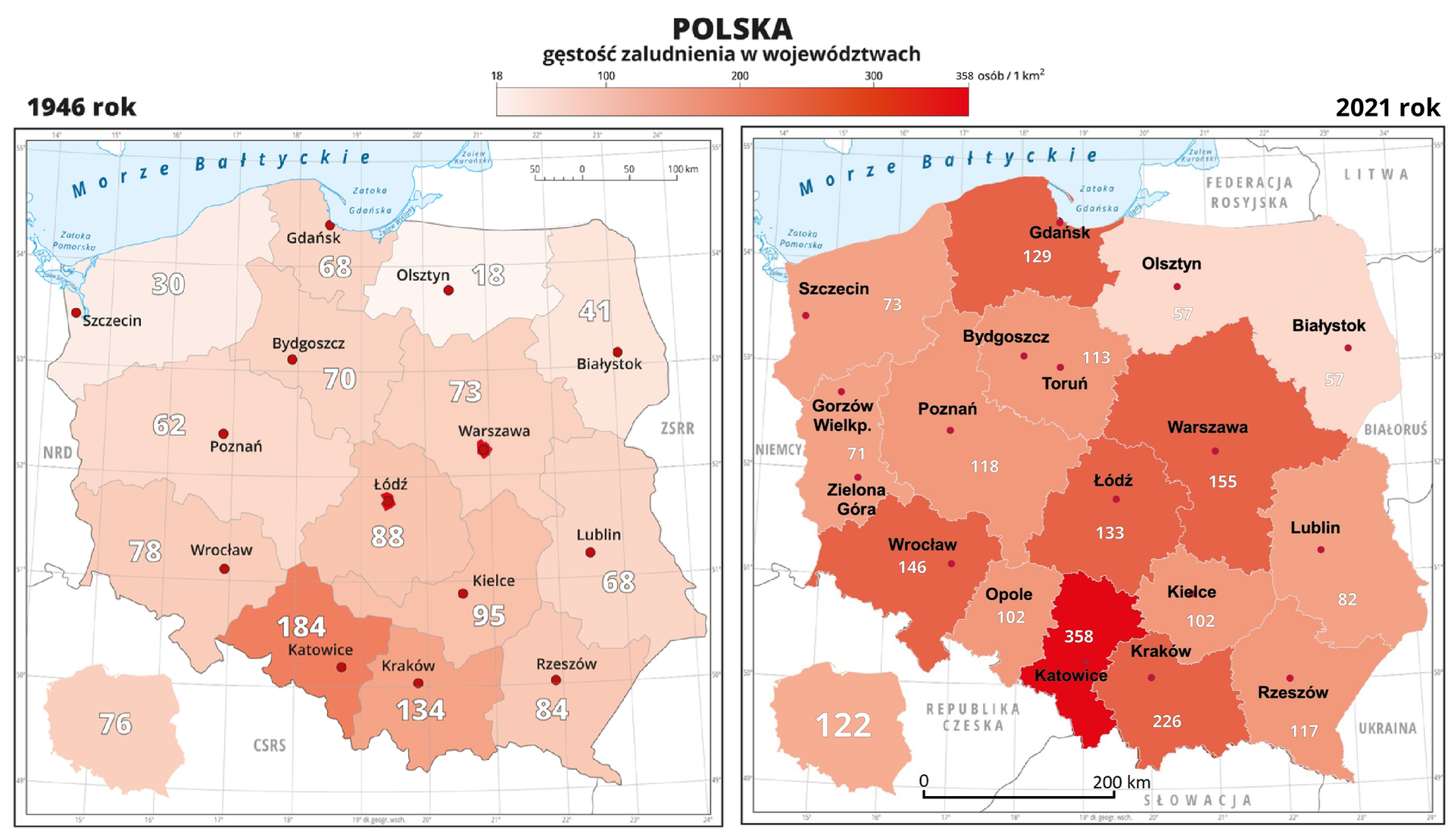 Ilustracja przedstawia dwie mapy Polski z podziałem na województwa i obrazuje gęstość zaludnienia w tysiąc dziewięćset czterdziestym szóstym roku i dwa tysiące piętnastym roku. Granice województw zaznaczone są białą linią. Czerwonymi kropkami zaznaczono miasta wojewódzkie. Odcieniami koloru pomarańczowego oznaczono liczbę mieszkańców na jeden kilometr kwadratowy według województw. Największa gęstość zaludnienia na obu mapach jest w województwie śląskim (184 i 371) i małopolskim (dawniej krakowskim) (134 i 221). Najniższa gęstość zaludnienia jest w obu przypadkach w województwie warmińsko‑mazurskim (dawniej olsztyńskim) (18 i 59). Na pierwszej mapie wartości dla poszczególnych województw są średnio dwa razy mniejsze niż na drugiej i wynoszą od osiemnastu do stu osiemdziesięciu czterech osób na kilometr kwadratowy. Na drugiej mapie wynoszą odpowiednio od pięćdziesięciu dziewięciu do trzystu siedemdziesięciu jeden. Podano średnią wartość gęstości zaludnienia dla Polski w obu latach – 76 i 123. Mapy pokryte są równoleżnikami i południkami. Dookoła map w białych ramkach opisano współrzędne geograficzne co jeden stopień.