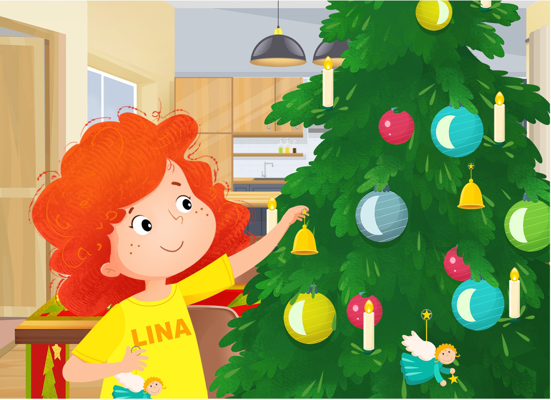 Ilustracja przedstawia Linę ubierającą choinkę.