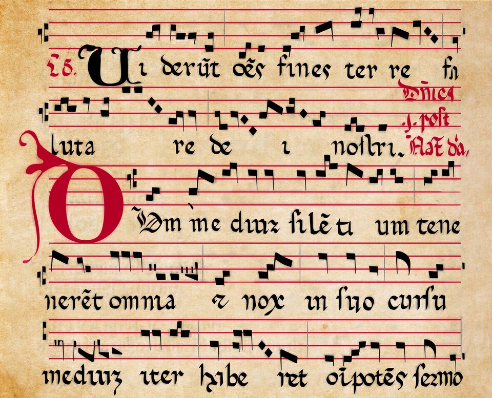 Fotografia przedstawia zapis nutowy czterogłosowego organum „Viderunt omnes Perotinusa”.
