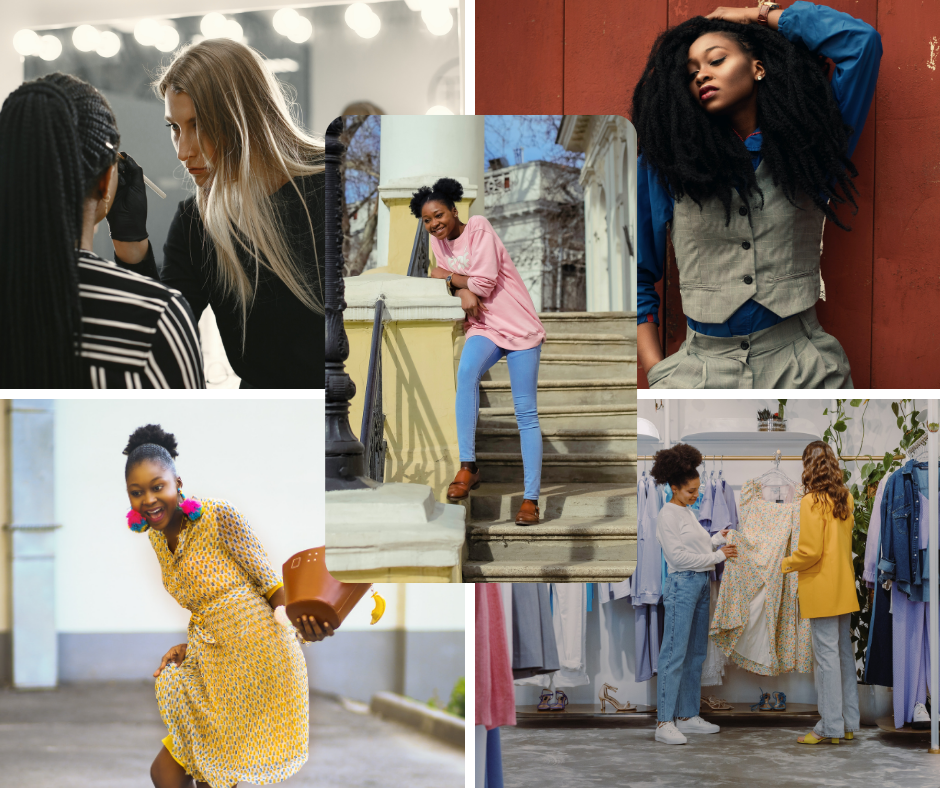 Ilustracja przedstawia kolaż złożony z pięciu zdjęć. Na pierwszym zdjęciu widoczna jest kobieta wykonująca makijaż, na kolejnym jest pozującą kobieta, następnie kobieta w żółtej sukience trzymająca torebkę, potem dwie kobiety przeglądające ubrania w sklepie, a na środku znajduje się zdjęcie młodej dziewczyny stojącej na schodach.