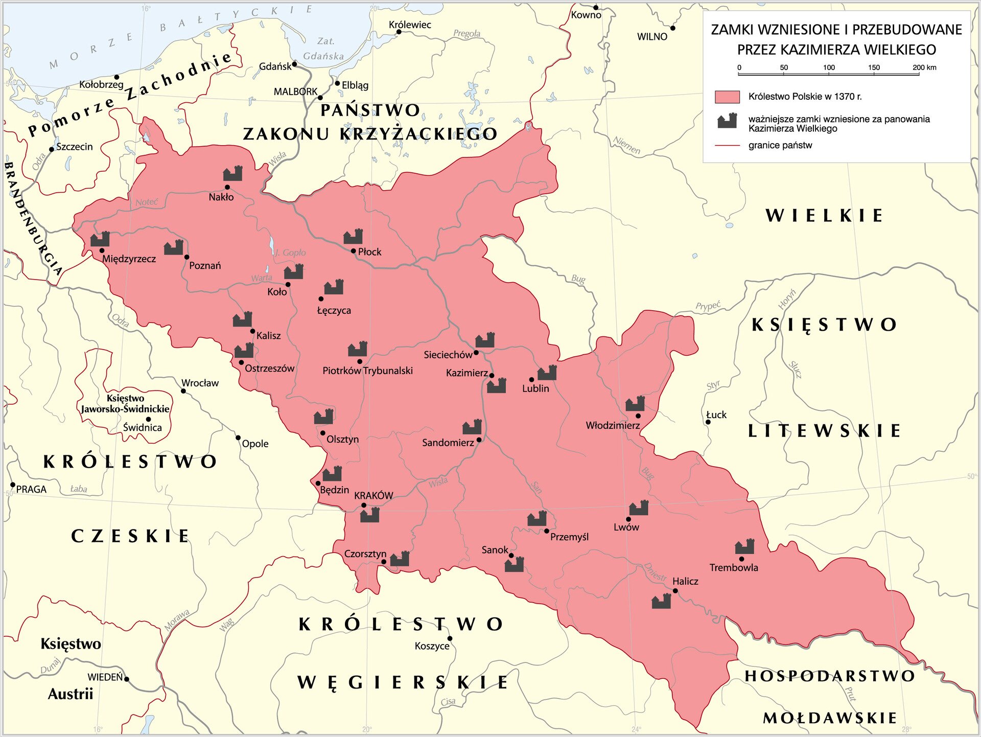 Grafika mapy przedstawiającej Zamki zbudowane i zrekonstruowane przez Kazimierza III Wielkiego.