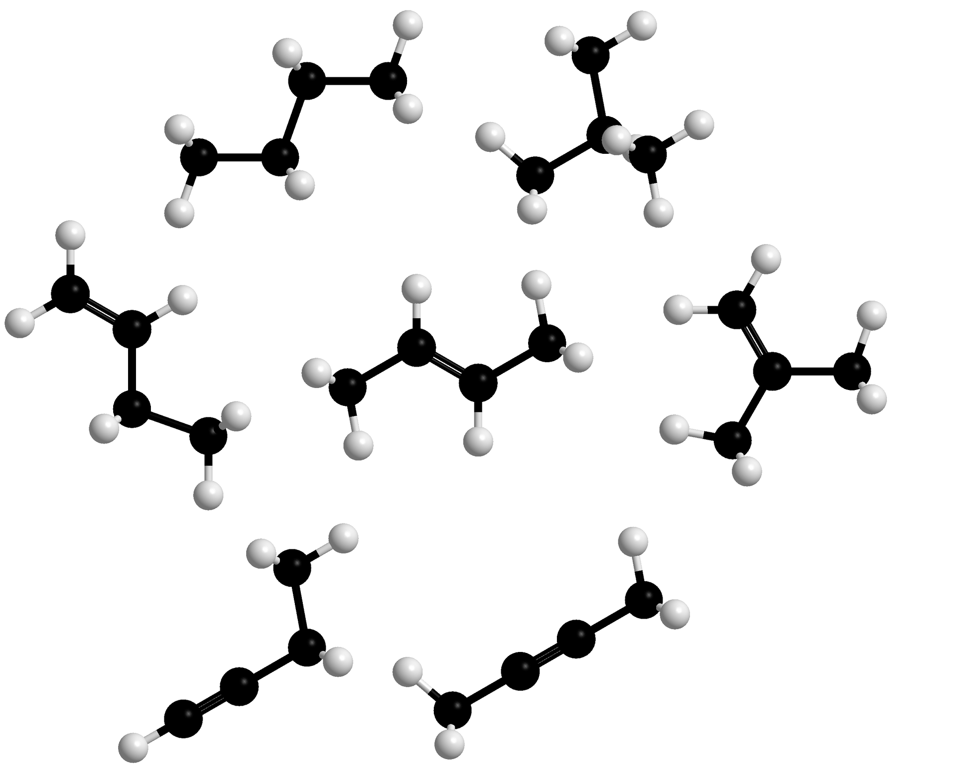 Modele 3D węglowodorów, zbudowanych z czterech atomów węgla