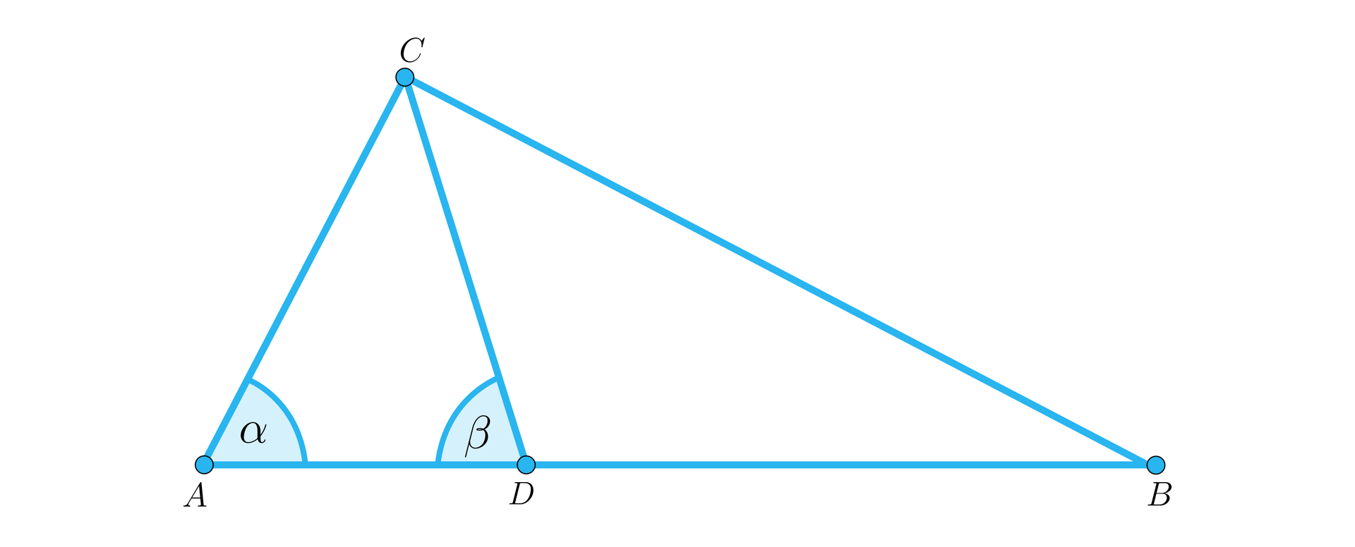 Rysunek przedstawia trójkąt ABC. Na podstawie AB zaznaczono punkt D i narysowano odcinek DC. W powstałym trójkącie ADC zaznaczono dwa kąty wewnętrzne. Przy wierzchołku A oznaczono kąt α, a przy wierzchołku D kąt β.