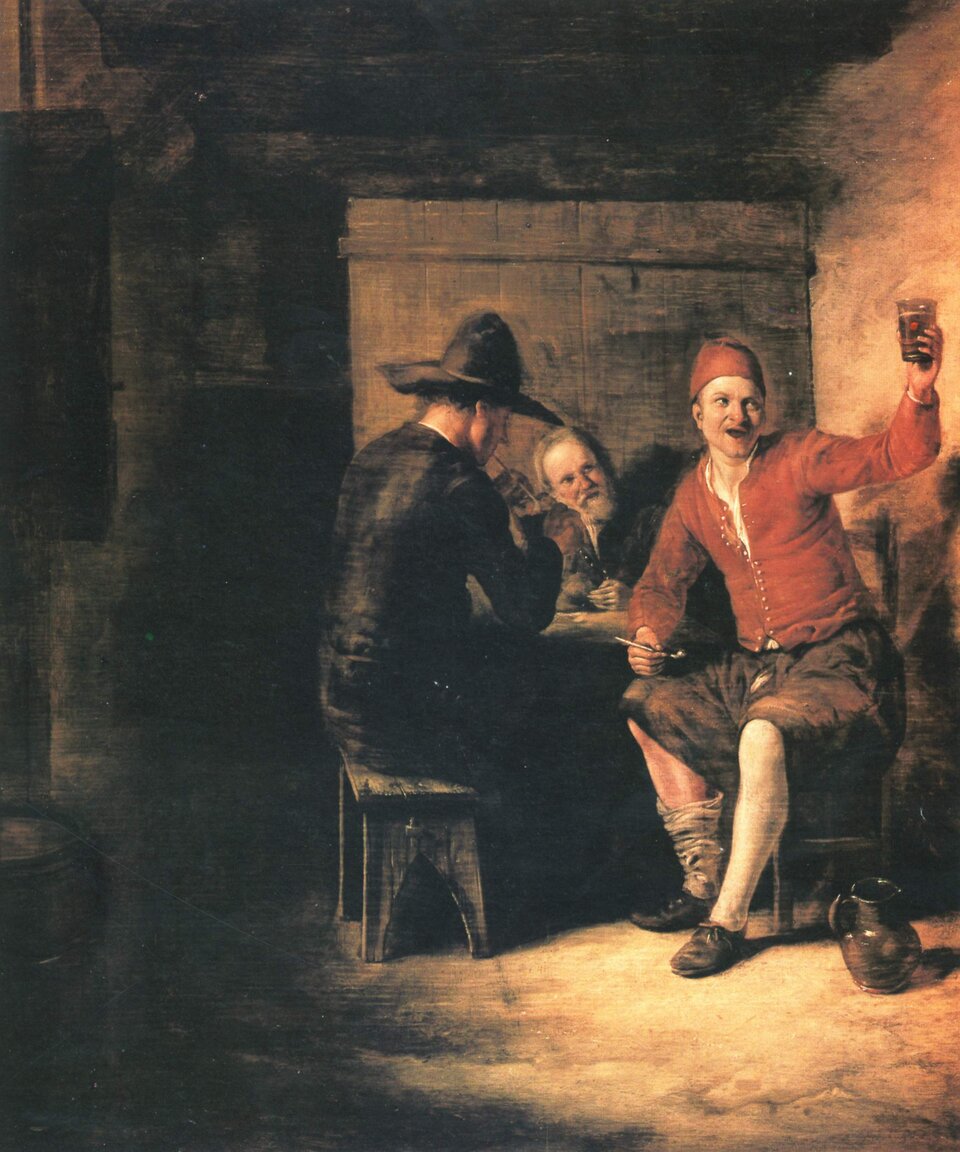 Ilustracja przedstawia obraz Pietera de Hoocha „Wesoły pijak". Przy stole na drewnianych ławach, w skromnej izbie, siedzi trzech mężczyzn. Po prawej stronie, przodem do widza, siedzi uśmiechnięty mężczyzna w czerwonym fraku i nakryciu głowy. Wznosi on toast, u jego stóp stoi dzban pełen wina. Przygląda mu się starszy mężczyzna siedzący z tyłu. Obok nich siedzi mężczyzna ubrany na czarno, w dużym kapeluszu. Część pomieszczenia jest pogrążona w mroku, najwięcej światła pada na mężczyznę wznoszącego w górę kielich.