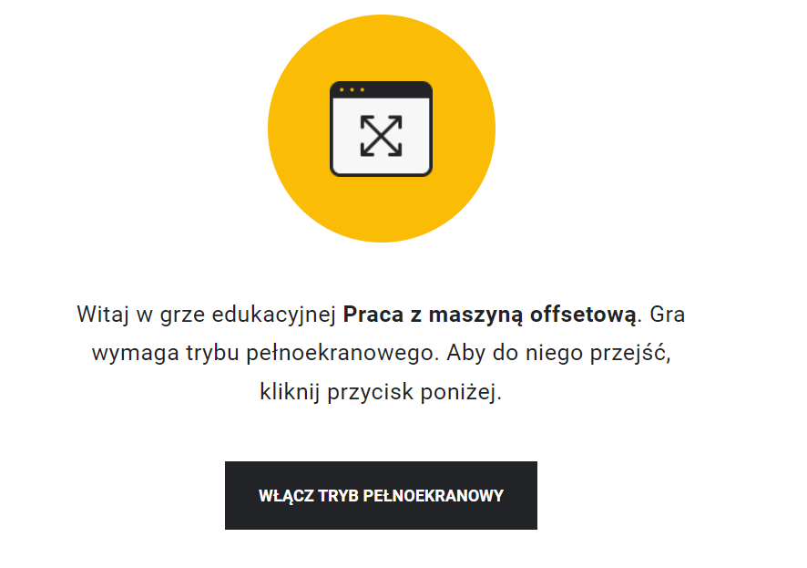 Zdjęcie przedstawia widok ekranu Interaktywnego narzędzia typu scenario‑based learning zatytułowanego Praca z maszyną offsetową.