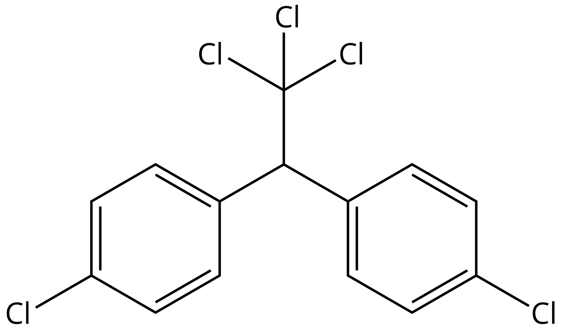 Ilustracja przedstawia wzór półstrukturalny DDT: 1,1,1‑trichloro‑2,2‑bis(4‑chlorofenylo)-etanu. Do atomu węgla przyłączone są: dwa pierścienie benzenowe podstawione w pozycjach czwartych chlorem, atom wodoru i grupa - C C l 3 .