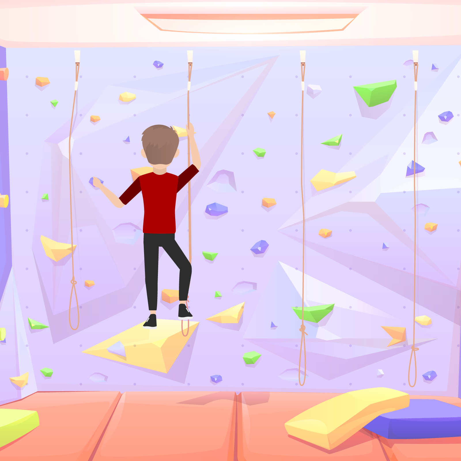 Ilustracja przedstawia ściankę wspinaczkową, po której wspina się Tony.