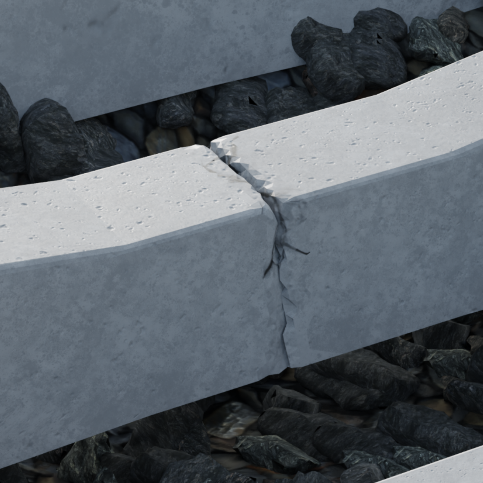 Ilustracja przedstawia podkład kolejowy, między nim są kamienie. Na połowie podkładu widoczne jest pęknięcie całościowe.