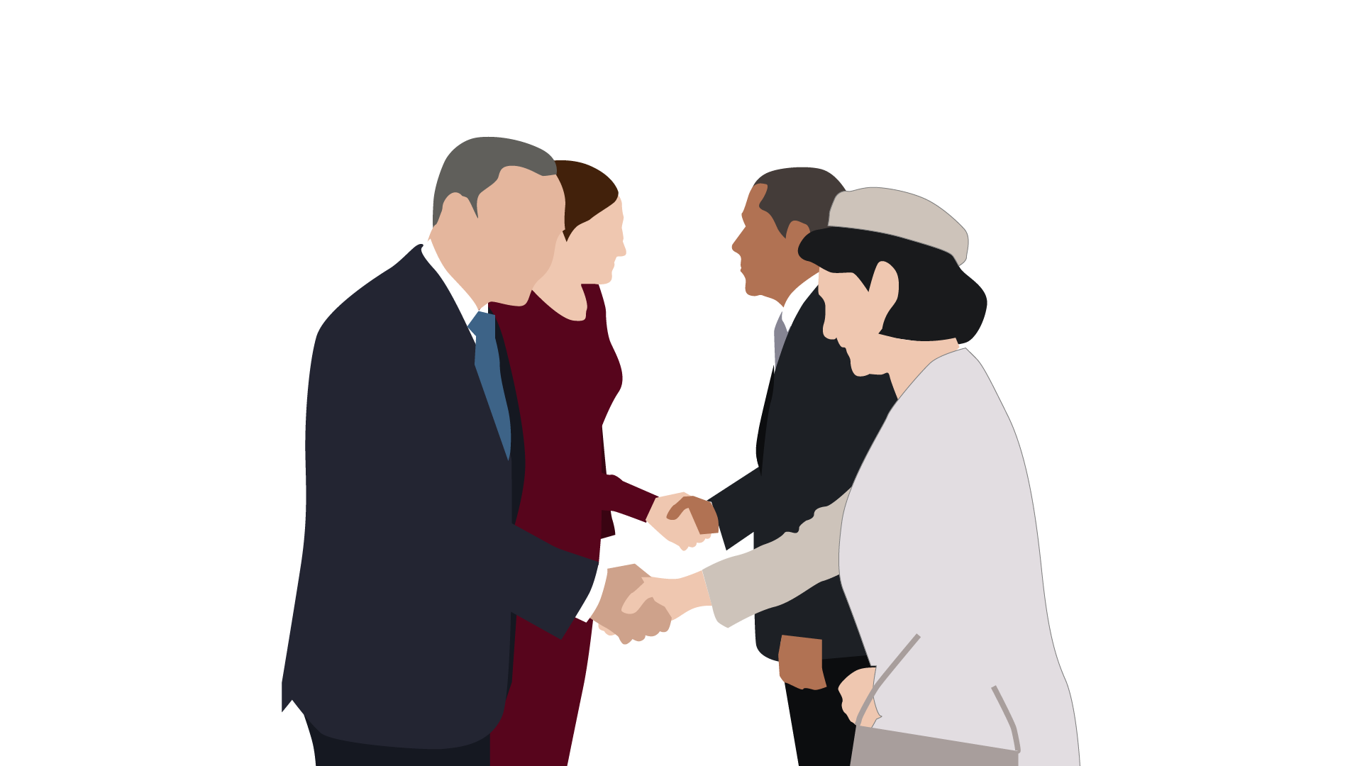 Grafika przedstawia cztery elegancko ubrane osoby, które podają sobie ręce na powitanie.