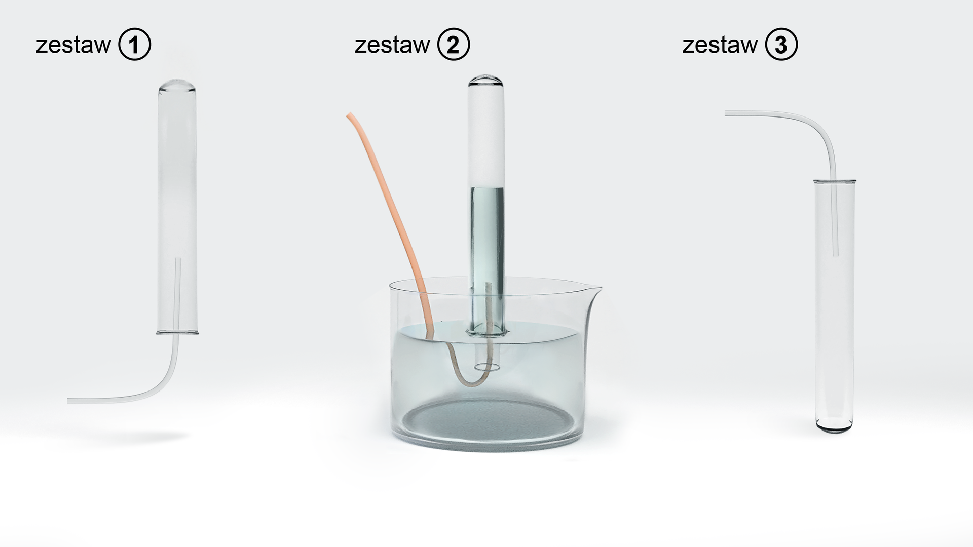 Ilustracja przedstawiająca trzy zestawy. Pierwszy stanowi odwrócona do góry dnem probówka z doprowadzonym do jej wnętrza wężykiem. Drugi zestaw składa się ze szklanej probówki również odwróconej do góry dnem, do połowy wypełnionej cieczą oraz zanurzoną w cieczy wypełniającej krystalizator. Do wnętrza probówki także doprowadzony jest węży. Trzeci zestaw to probówka ustawiona pionowo, do której wnętrza doprowadzono od góry wężyk.