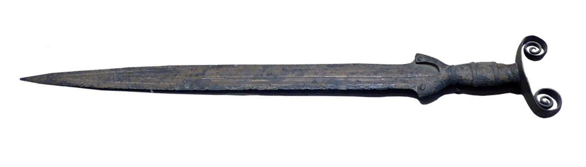 Zdjęcie przedstawia długi miecz zakończony prostym trzonem z dwoma zawiniętymi spiralnie głowicami.