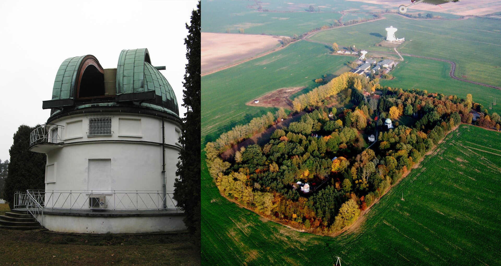 Fotografia po lewej stronie prezentuje budynek obserwatorium o owalnym kształcie zwieńczony rozsuwaną kopułą, przez którą wystaje teleskop. Obok zdjęcie wykonane z wysokości, na którym widać prostokątny zadrzewiony teren otoczony dookoła polami. W środku terenu widoczne budynki dwóch obserwatoriów.