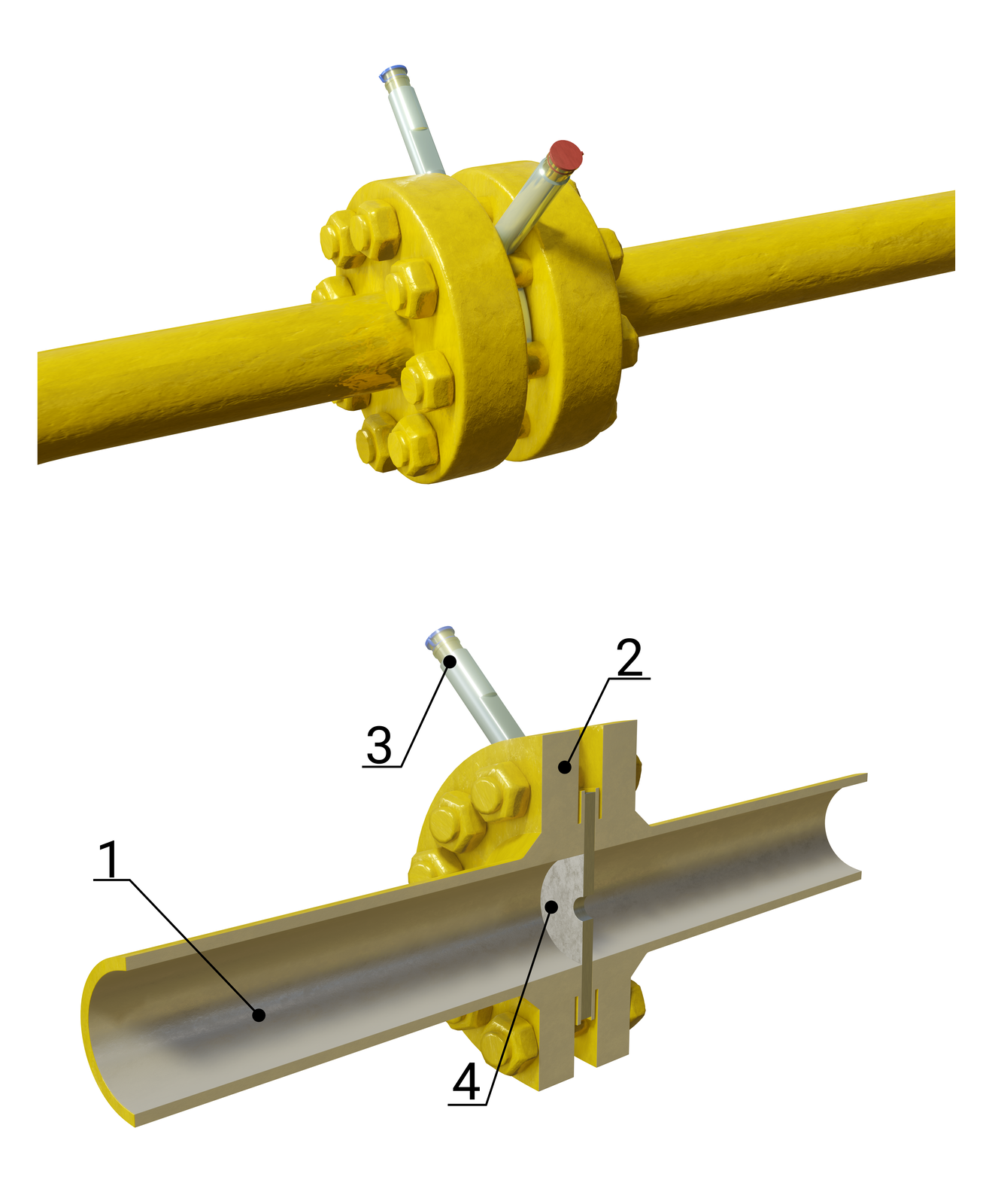 Zwężka redukcyjno‑produkcyjna: 1 - rurociąg gazowy, 2 - zespół obudowy kryzy, 3 - przyłącz manometru różnicowego, 4 - kryza redukcyjno‑pomiarowa.