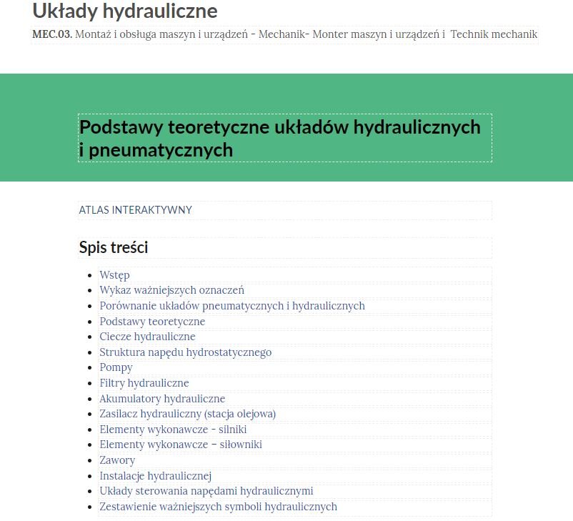 Grafika przedstawia widok spisu treści z wypisanymi kolejnymi tematami dostępnymi w materiale.
