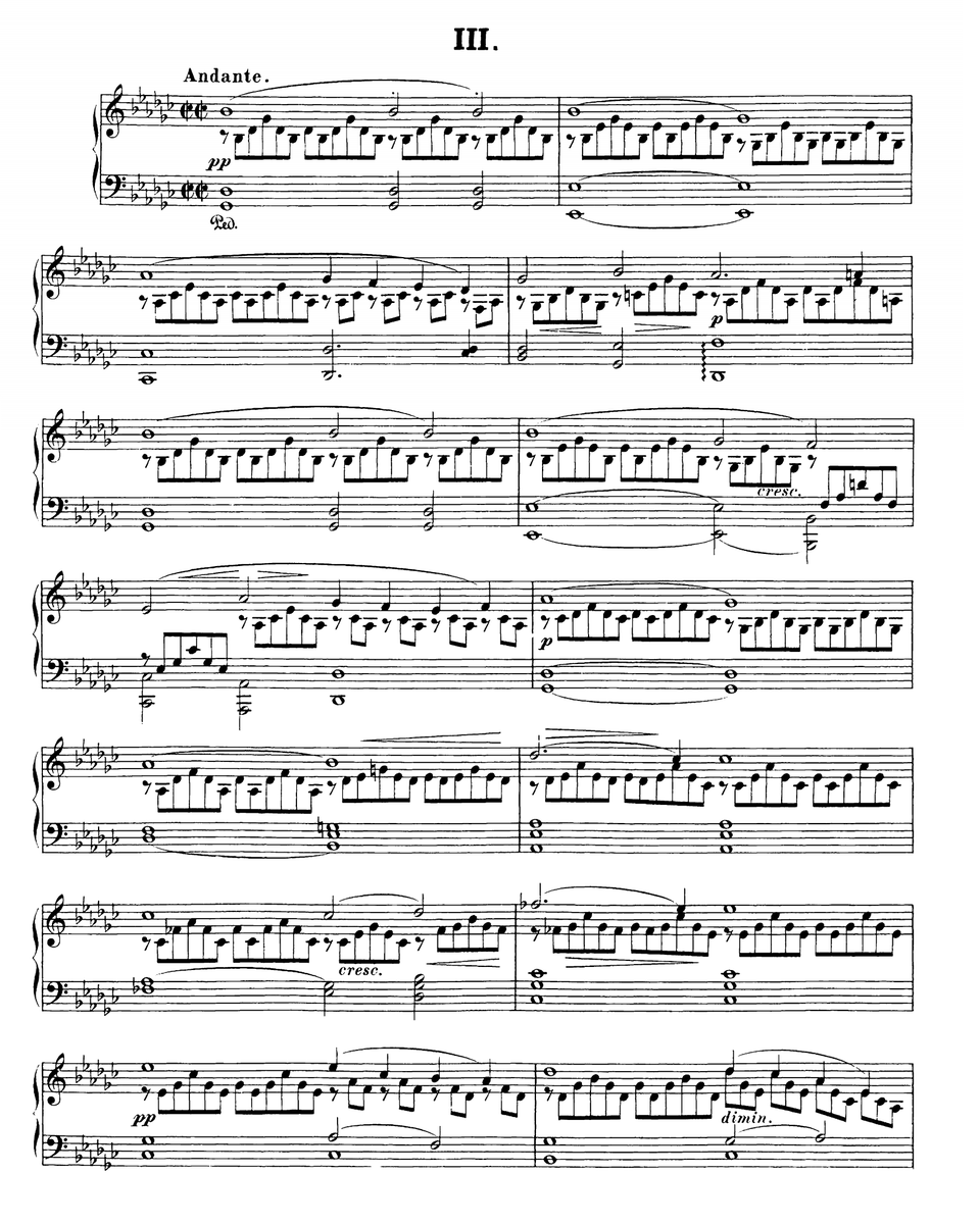 Ilustracja przedstawia zapis nut utworu Franza Schuberta, „Impromptu Ges‑dur” op. 90 (D 899) nr 3.