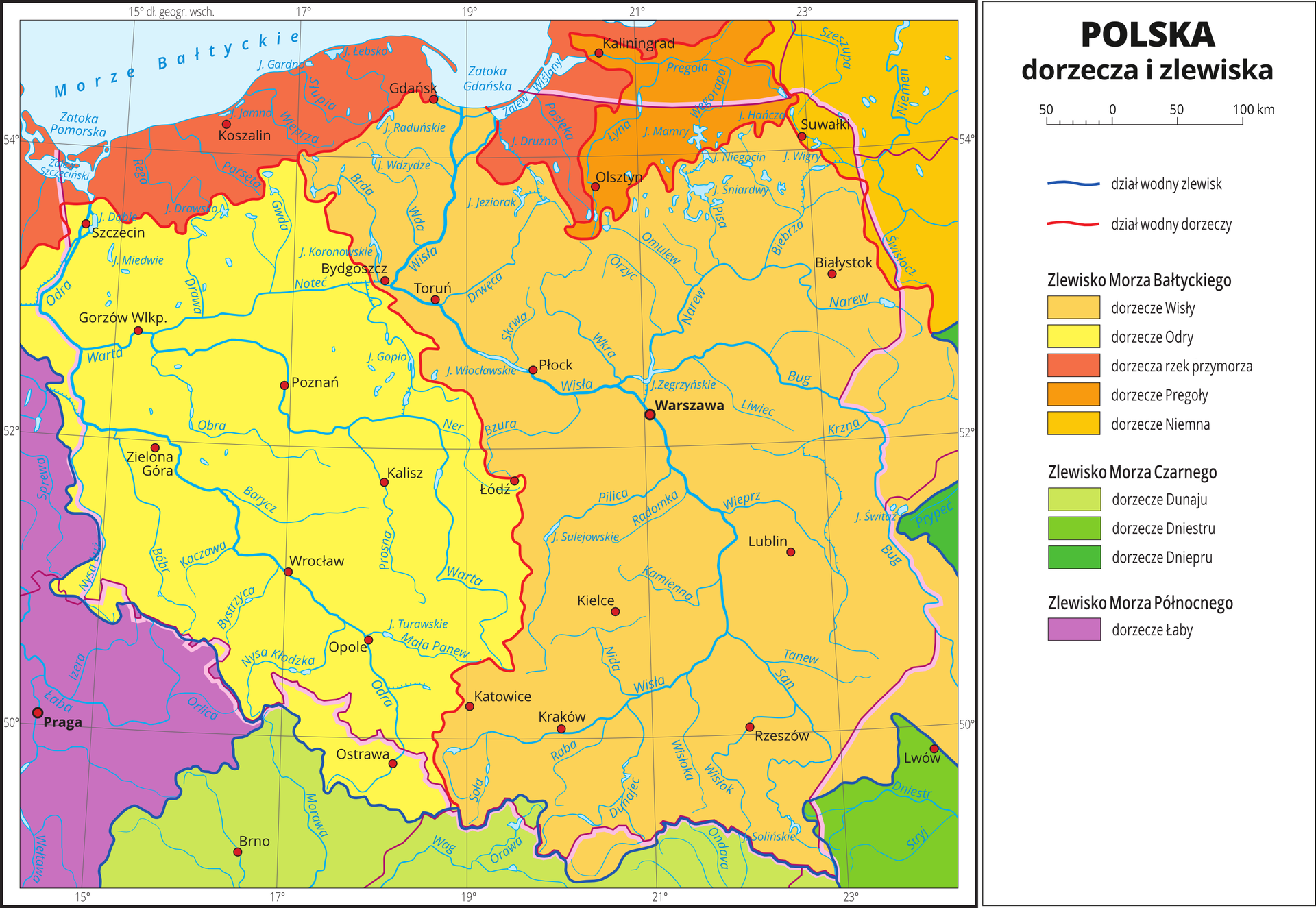 Mapa Polski przedstawia dorzecza i zlewiska. Do zlewiska Morza Bałtyckiego należy dorzecze Wisły obejmujące środkową i wschodnią Polskę, dorzecze Odry obejmujące zachodnią Polskę, dorzecza rzek przymorza na wybrzeżach, dorzecze Pregoły obejmujące Olsztyn, dorzecze Niemna obejmujące Suwałki. Zlewisko Morza Czarnego obejmuje dorzecze Dunaju obejmujące Słowację i wschodnie Czechy, dorzecze Dniestru obejmujące część Ukrainy z Lwowem, dorzecze Dniepru obejmujące Ukrainę i Białoruś. Zlewisko Morza Północnego obejmuje dorzecze Łaby. Obejmuje ono zachodnie Czechy oraz Niemcy.