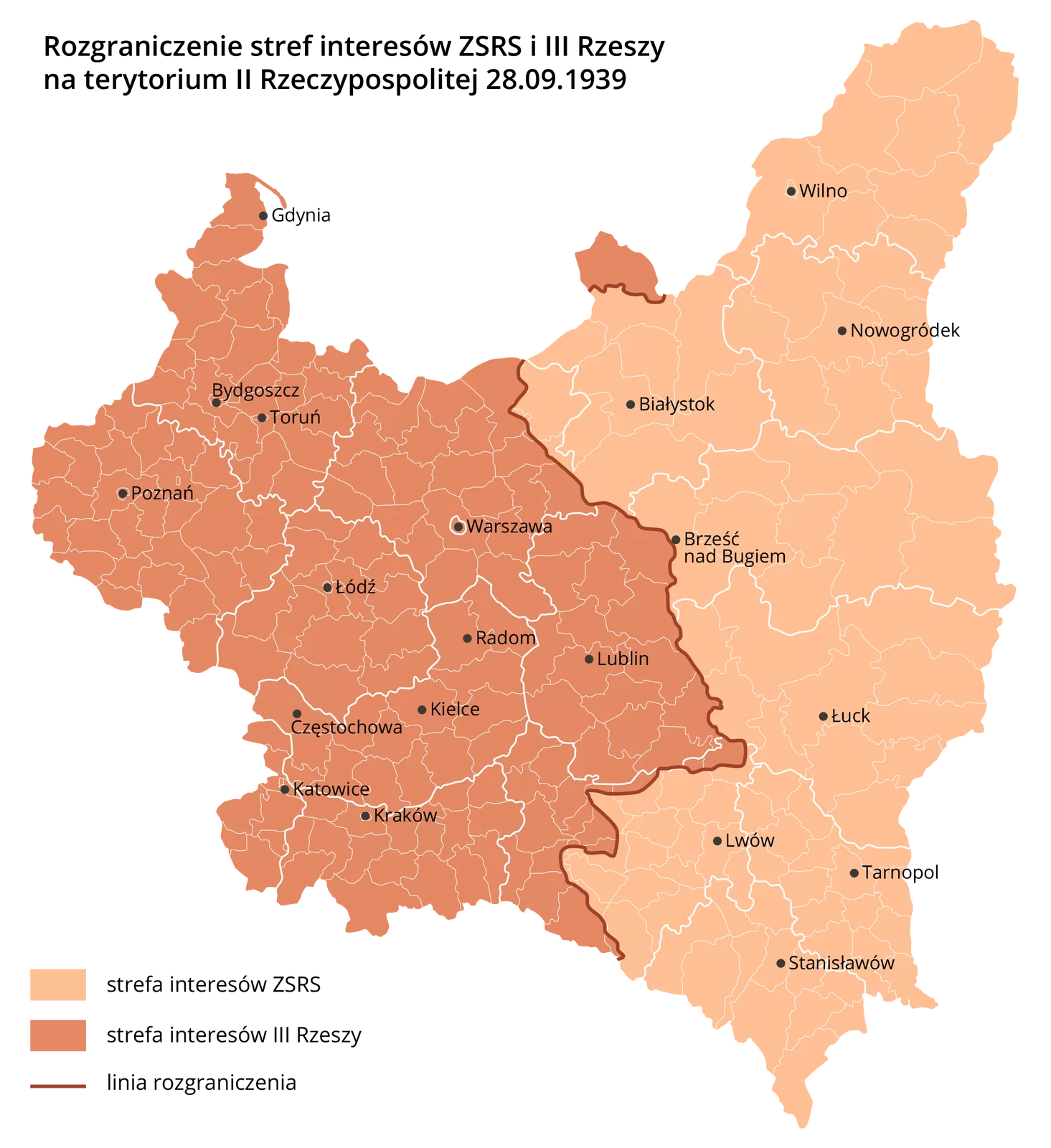Ilustracja przedstawia mapę Drugiej Rzeczypospolitej. Zaprezentowano na niej rozgraniczenie stref interesów ZSRS i Trzeciej Rzeszy na terytorium Drugiej Rzeczypospolitej 28 września 1939 roku. Na zachodzie oraz w części środkowej jest strefa interesów Trzeciej Rzeszy, a na wschodzie strefa interesów ZSRS. Pomiędzy nimi jest linia rozgraniczenia. Linia przebiega z północy na południe, po środku zakręca w kierunku wschodnim i przebiega przez Brześć nad Bugiem. Strefa interesów Trzeciej Rzeszy obejmuje tereny z miastami Gdynia, Bydgoszcz, Toruń, Poznań, Łódź, Warszawa, Radom, Kielce, Częstochowa, Katowice, Kraków, Lublin. Stefa interesów ZSRS obejmuje tereny z miastami Białystok, Wilno, Nowogródek, Brześć nad Bugiem, Łuck, Lwów, Tarnopol, Stanisławów.