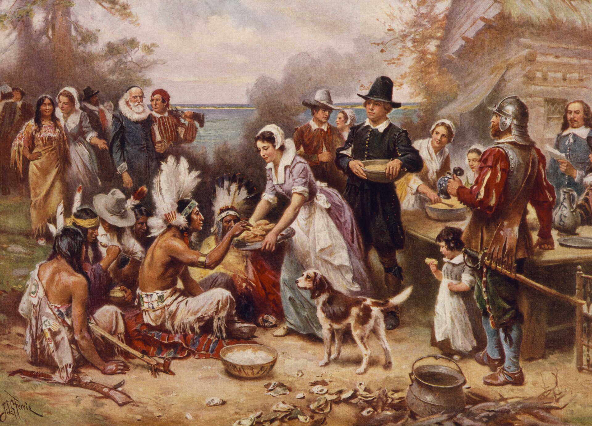 Ilustracja przedstawia obraz, na którym widoczna jest kobieta częstująca jedzeniem rdzennych mieszkańców Ameryki. 