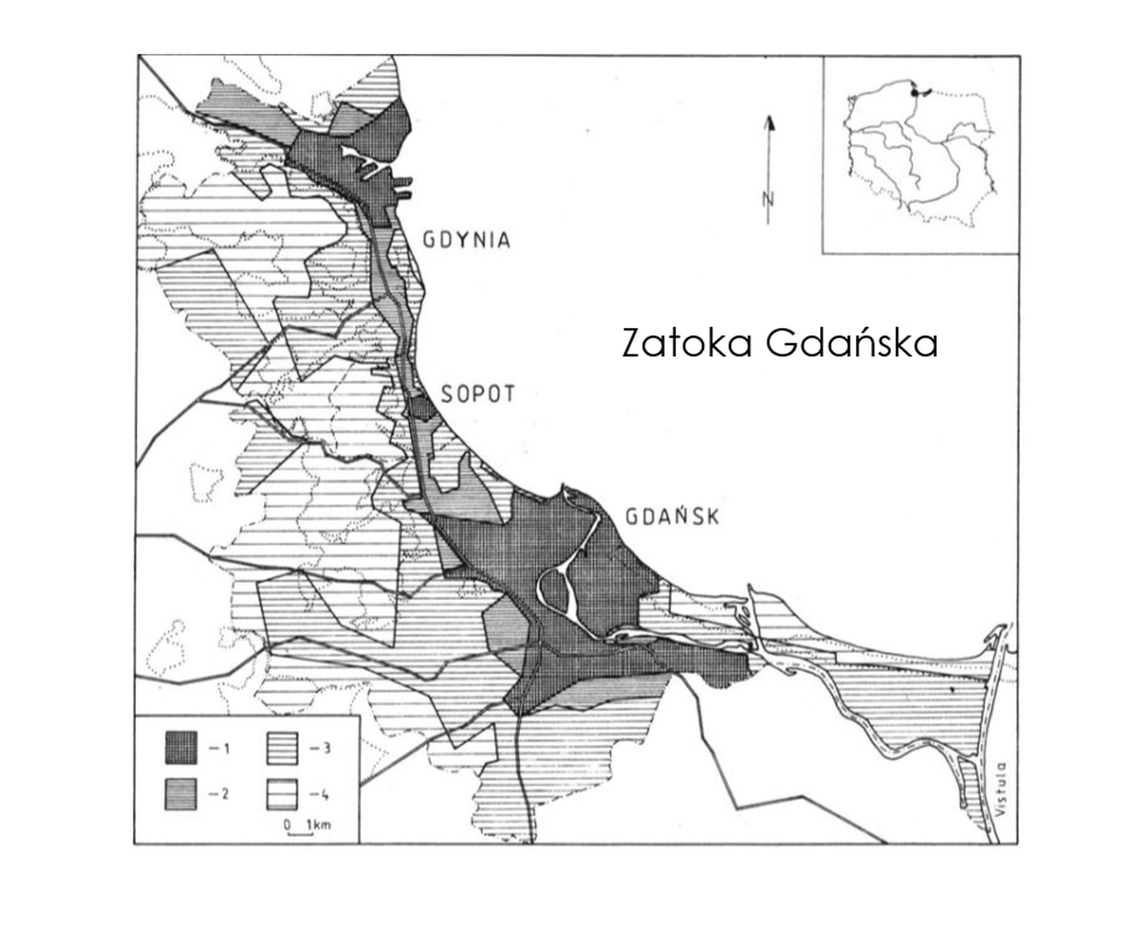 Mapa przedstawia strefy występowania porostów w Trójmieście. W ogólnym zarysie strefy te układają się równolegle do brzegu Zatoki Gdańskiej. Strefa bezwzględnej pustyni porostowej rozciąga się na terenach położonych wzdłuż głównej osi komunikacyjnej przecinającej badany obszar i wyraźnie rozszerza się w centralnych częściach miast oraz przy dzielnicach portowo‑przemysłowych. Strefa względnej pustyni porostowej zajmuje znaczą powierzchnię w każdym z badanych miast. Obejmuje obrzeża miast oraz tereny wzdłuż szlaku komunikacyjnego Gdynia‑Gdańsk. Strefa osłabionej wegetacji występuje z reguły (z wyjątkiem południowej i południowo‑wschodniej części Gdańska) w postaci wąskich pasów położonych na krawędzi Wysoczyzny Gdańskiej oraz wzdłuż brzegu Zatoki Gdańskiej. Strefa normalnej wegetacji jest związana ze zwartymi kompleksami leśnymi lub z enklawami lasu nad brzegiem morza.