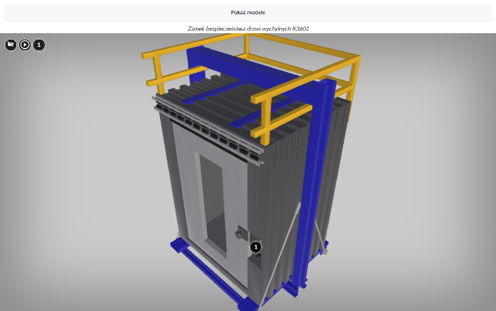 Na ilustracji znajduje się przykładowa strona wizualizacji trzy de. Grafika przedstawia model zamku bezpieczeństwa drzwi wychylnych ka trzy sześć zero jeden. W lewym górnym rogu widoczne są znaczniki położone obok siebie.. Pierwszy to kółko z białym obramowaniem i czarnym wypełnieniem. W środku widoczny jest symbol przekreślonej kamery. Kolejny przedstawia ikonę odtwarzania filmu. Ikona składa się z trójkąta wpisanego w okrąg. Wierzchołek trójkąta wskazuje w prawo. Obok ikony trójkąta znajduje się ikona z numerem jeden.