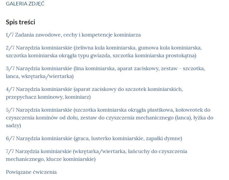 Zdjęcie przedstawia spis treści z galerii. Składa się on z siedmiu punktów, które są zatytułowane "narzędzia kominiarskie".