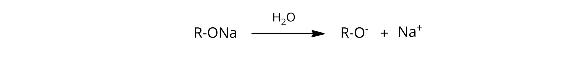 Ilustracja przedstawiająca reakcję hydrolizy alkoholanu sodu. Cząsteczka alkoholanu sodu RONa, strzałka w prawo, nad strzałką cząsteczka wody. Za strzałką anion alkoholanowy RO- dodać kation sodowy Na+.
