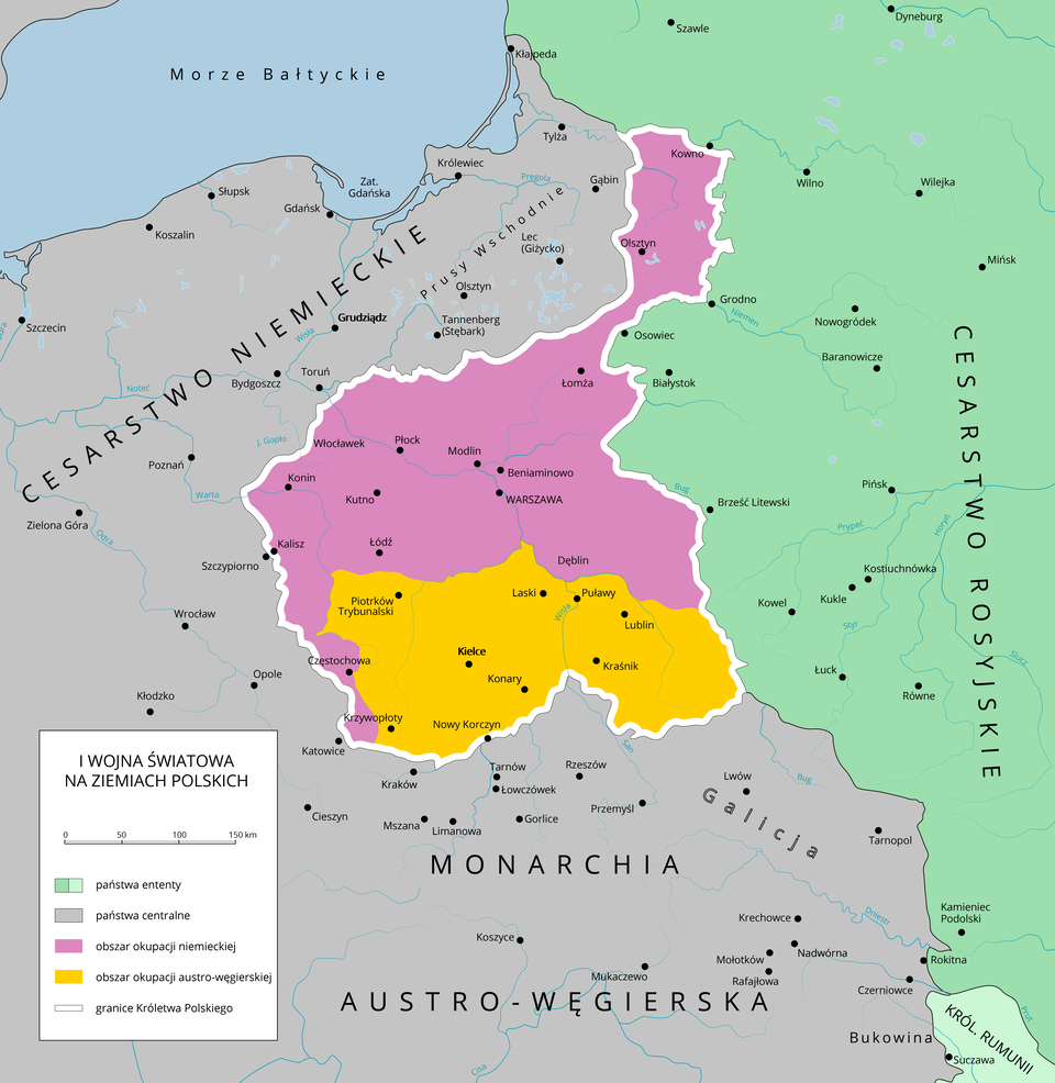 Mapa przedstawia I wojnę światową na ziemiach polskich. Państwa ententy: Cesarstwo Rosyjskie na terenie dzisiejszej Białorusi, Ukrainy, Litwy, Łotwy, Rosji. Państwa centralne: Cesarstwa Niemieckie, Monarchia Austro- Węgierska, teren dzisiejszej północnej oraz zachodniej Polski, Czech, Słowacji, Austrii, Węgier. Obszar okupacji niemieckiej: centralna Polska, okolice Warszawy. Obszar okupacji austro‑węgierskiej: południowo‑wschodnia Polska.   