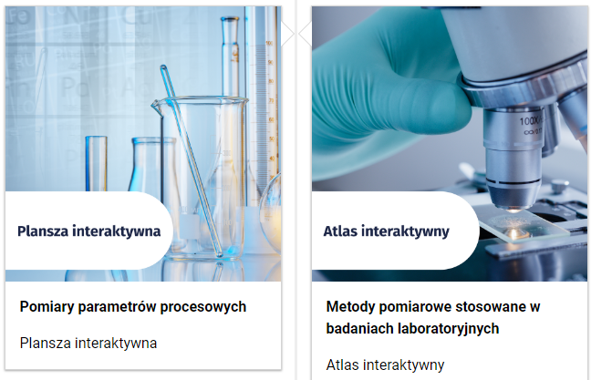 Grafika przedstawia wygląd oprawy graficznej e‑zasobu, spisu treści. Dwie miniaturki zdjęć z tytułami rozdziałów lekcji. Pierwsza miniaturka przedstawia szkło laboratoryjne, widoczna jest zlewka, kolba okrągłodenna, cylinder miarowy i szklana bagietka. Tytuł rozdziału lekcji brzmi: Plansza interkatywna: Pomiary parametrów procesowych. Druga miniaturka przedstawia okular mikroskopu. Tytuł rozdziału lekcji brzmi: Atlas interaktywny: Metody pomiarowe stosowane w procesach technologicznych.
