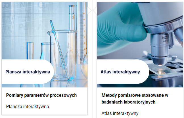 Grafika przedstawia wygląd oprawy graficznej e‑zasobu, spisu treści. Dwie miniaturki zdjęć z tytułami rozdziałów lekcji. Pierwsza miniaturka przedstawia szkło laboratoryjne, widoczna jest zlewka, kolba okrągłodenna, cylinder miarowy i szklana bagietka. Tytuł rozdziału lekcji brzmi: Plansza interkatywna: Pomiary parametrów procesowych. Druga miniaturka przedstawia okular mikroskopu. Tytuł rozdziału lekcji brzmi: Atlas interaktywny: Metody pomiarowe stosowane w procesach technologicznych. 