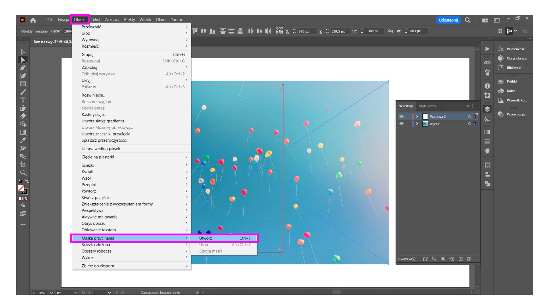 Zrzut ekranu z programu Adobe Photoshop, przedstawiający rozwiniętą zakładkę ,,Obiekt'', wybrany z niej punkt ,,Maska przycinania'', a następnie ,,Utwórz''.