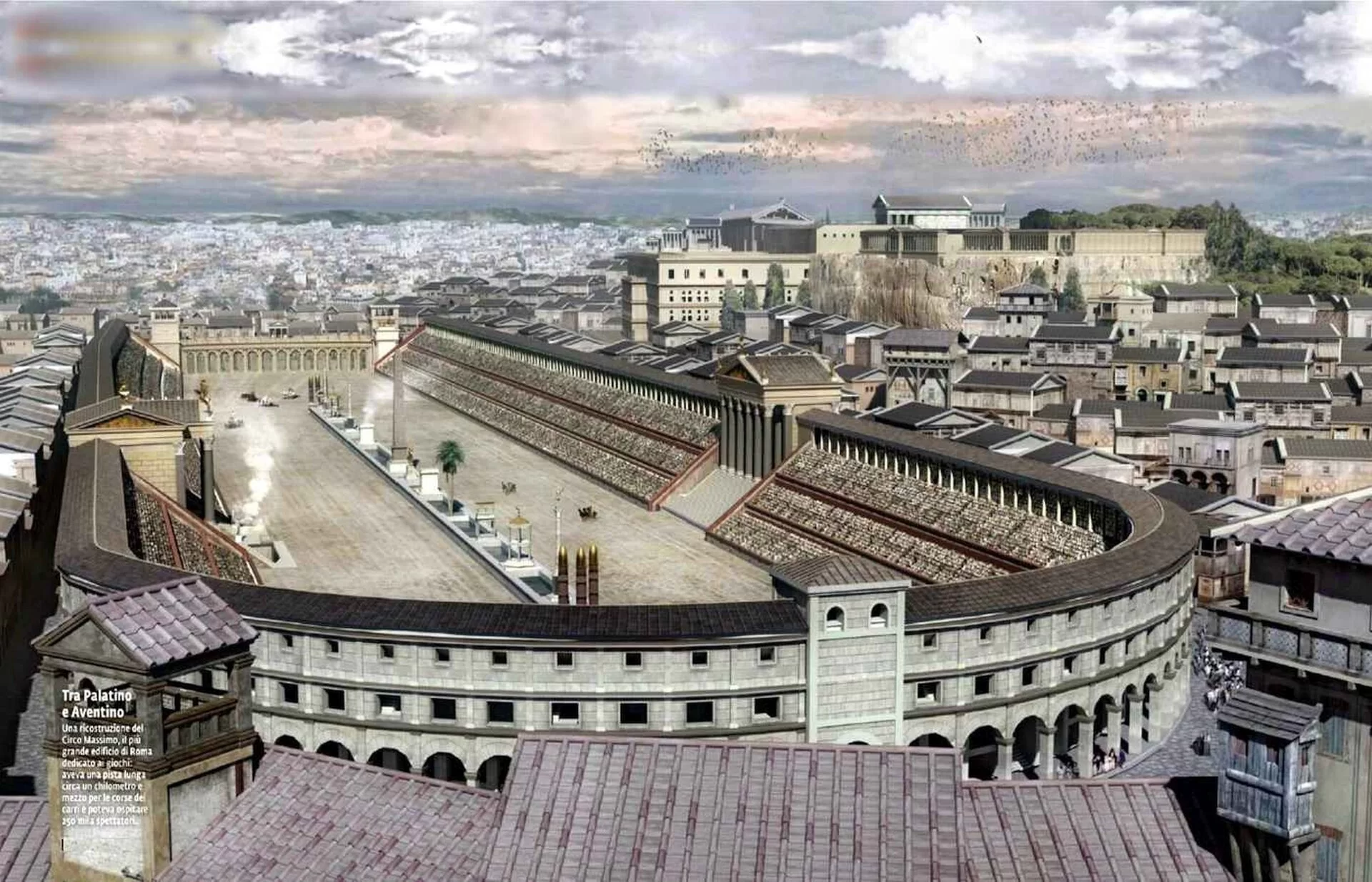 Kliknij, aby powiększyć Rekonstrukcja Circus Maximus - budowla ulokowana wśród zabudowy miejskiej, przypominająca stadion w kształcie wydłużonej elipsy; po stronie zewnętrznej widoczne są trzy poziomy budowli, najniższy jest poziom arkadowy, powyżej niego dwa piętra niewielkich otworów okiennych, w kształcie kwadratów.