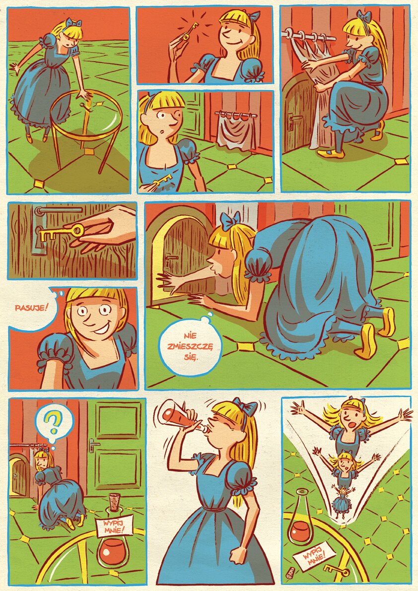 Druga kartka komiksu „Alicja w Krainie Czarów” zawiera dziesięć obrazków. Wydarzenia również dzieją w pokoju z dużą liczbą drzwi. Pierwszy z czterech obrazków w pierwszej linii, ukazuje  Alicję, ujętą z góry. Dziewczynka sięga lewą ręką po kluczyk, leżący na szklanym blacie stolika. Następnie znajdują się dwa obrazki, jeden nad drugim. Pierwszy przedstawia tylko ramiona i głowę Alicji,  uśmiechnięta dziewczynka przygląda się kluczykowi uniesionemu w prawej dłoni na wysokość wzroku, z którego biją promienie. Pod nim trzeci rysunek, a na nim dziewczynka z kluczykiem w dłoni, przygląda się zasłonie, znajdującej się nad podłogą, zawieszonej na drążku. Na czwartym obrazku Alicja klęcząca na prawym kolanie odsłania oburącz zasłonę. Spod niej wyłaniają się niewielkie, zamknięte, drewniane drzwiczki zwieńczone łukiem. W drugim rzędzie obrazków znajdują się dwa mniejsze obrazki, jeden nad drugim. Pierwszy z nich przedstawia zbliżenie dziurki od klucza i klamki oraz dłoni Alicji z kluczykiem. Poniżej na rysunku ukazana od talii Alicja uśmiecha się,  w dymku napis: „PASUJE!”. Ostatni w tym rzędzie obrazek przedstawia dziewczynkę na kolanach, która nisko pochylona, otwiera małe drzwiczki. Zza nich bije żółte światło. Oświetla ono widoczną lewym profilem, ale nieco od tyłu, twarz dziewczynki i zarys jej rozchylonych w zdziwieniu ust. Poniżej dymek ze słowami: „NIE ZMIESZCZĘ SIĘ”. Poniżej znajdują się trzy pionowe obrazki. Na pierwszym planie widać fragment stolika, na którym stoi szklana butelka wypełniona do połowy czerwonym płynem. Na szyjce biała kartka z napisem: WYPIJ MNIE! W tle Alicja nadal klęczy przed drzwiczkami, ale  spogląda do tyłu przez lewe ramię na butelkę. Nad jej głową dymek ze znakiem zapytania. Środkowy obrazek ukazuje na białym tle dziewczynkę pijącą płyn wprost z butelki, którą trzyma w prawej ręce. Ostatni obrazek w prawym rogu to ujęcie z góry. Na tle zielonej podłogi widać ćwiartkę blatu stolika, na nim otwartą butelkę, z której ubyło nieco czerwonego płynu, na lewo od niej leżą kartka, kluczyk i korek. Od środka obrazka w białym trójkącie narysowano od największej na górze trzy postacie zmniejszające się Alicji. Dziewczynka ma rozłożone w bok ręce.