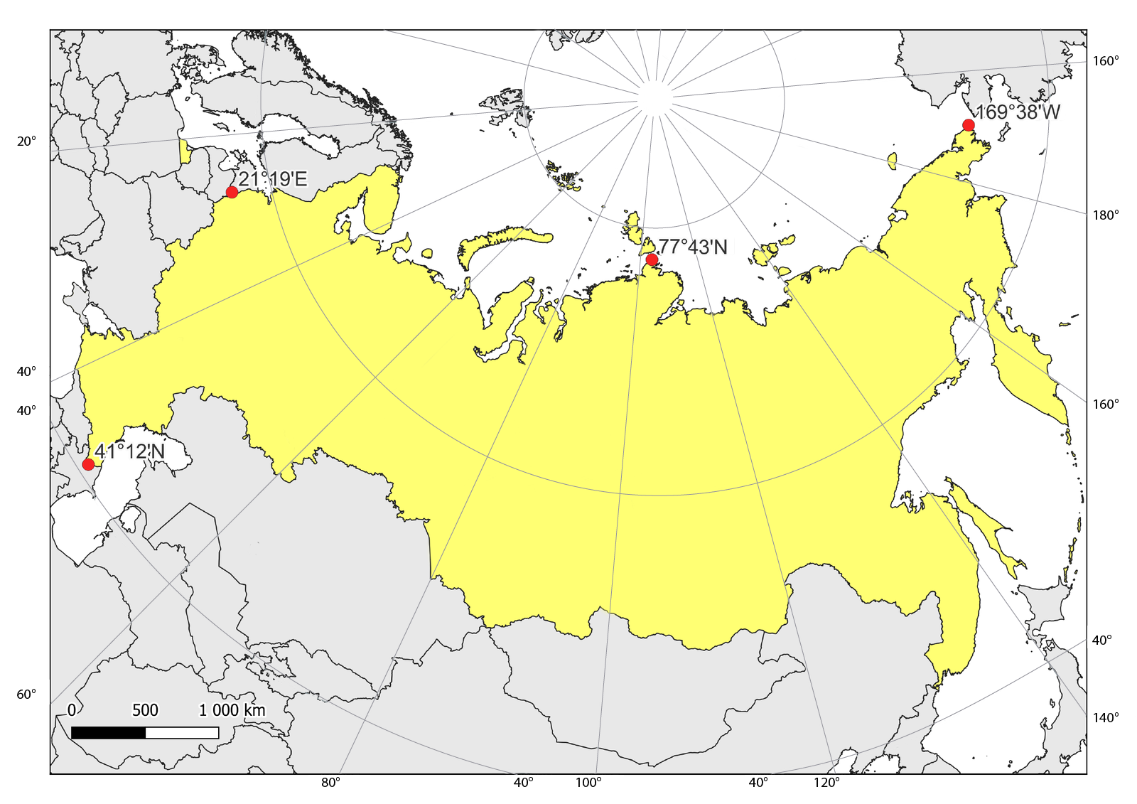 Mapa prezentująca najbardziej wysunięte punkty Rosji. Na żółto zaznaczono obszar Rosji, na szaro inne państwa. Czerwonymi punktami zaznaczono najbardziej wysunięte punkty kraju. Mapa w lewym dolnym rogu posiada skalę liniową. Na mapie widnieje siatka kartograficzna, na ramce oznaczono wartości długości i szerokości geograficznej w stopniach. 