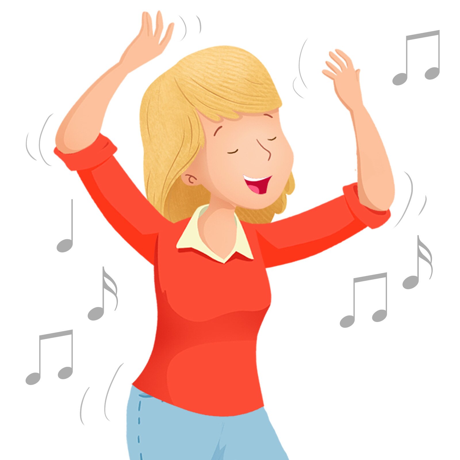 Ilustracja przedstawia kobietę, która tańczy. Obok niej znajdują się nutki.