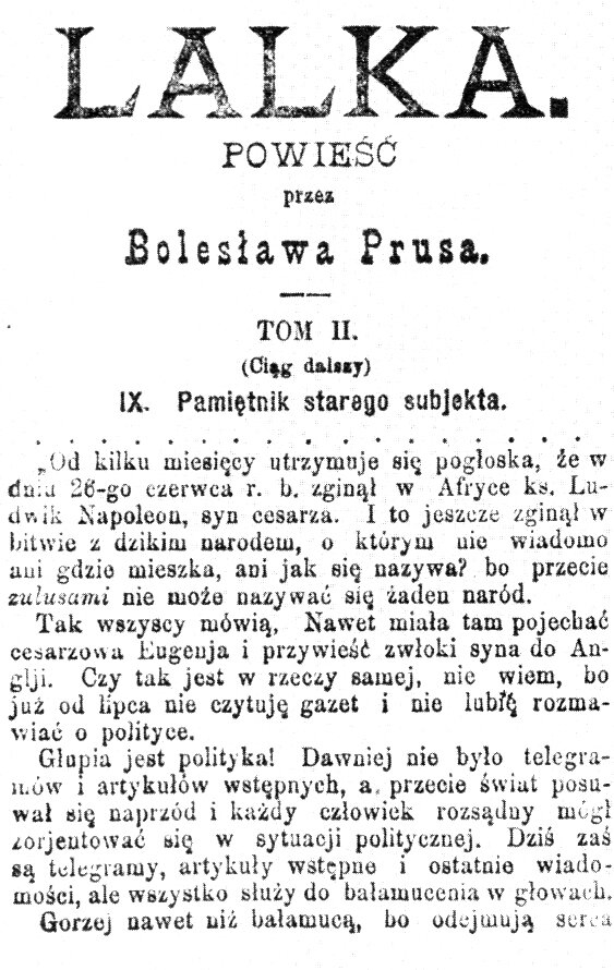 Zdjęcie przedstawia fragment pierwodruku Lalki w „Kurierze Codziennym”. Znajduje się tu fragment tomu drugiego, rozdziału dziewiątego Pamiętnik starego subiekta.