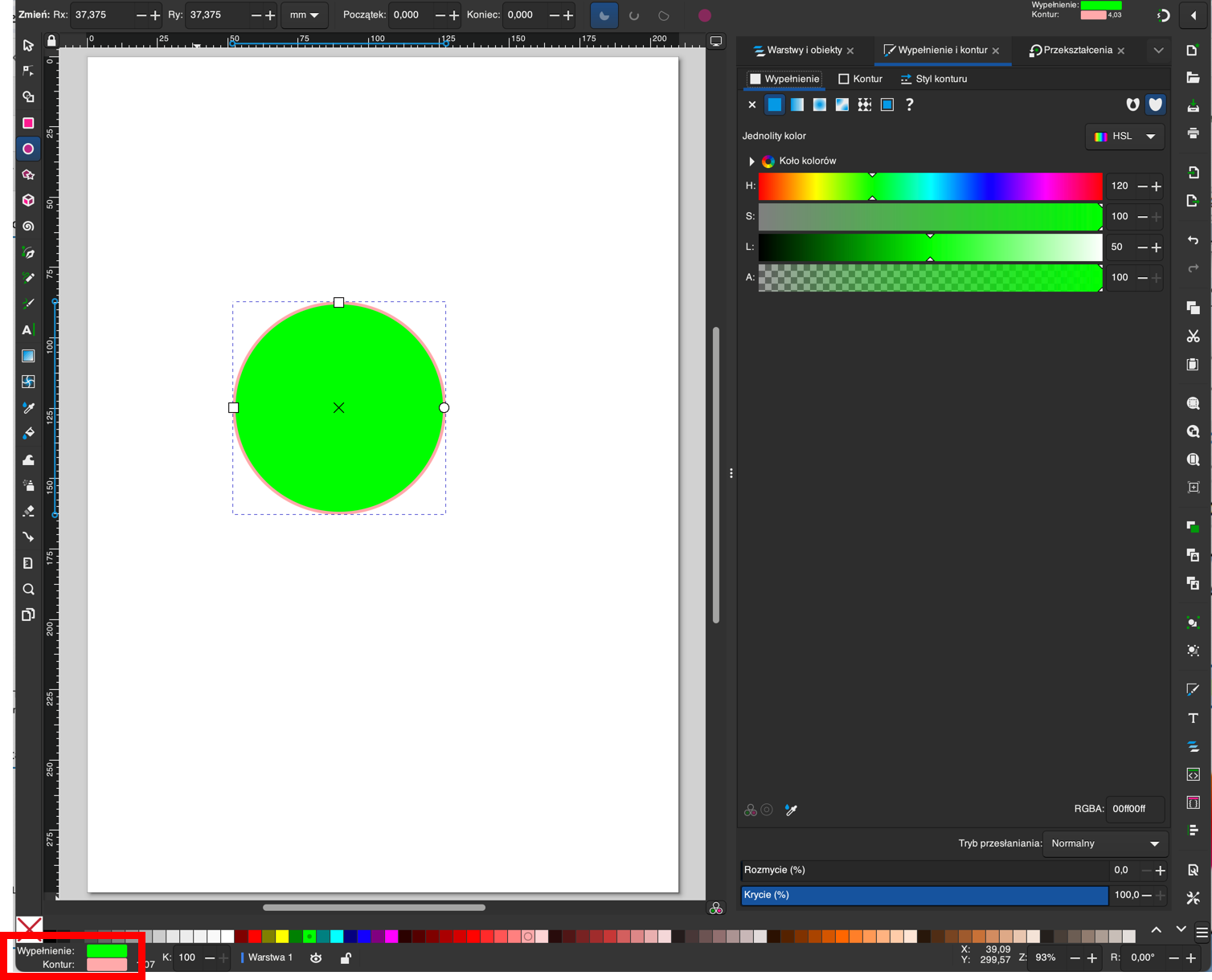 Ilustracja przedstawia dwa koła oraz dwa okna dialogowe. Pierwsze koło ma kolor czerwony. Obok znajduje się okno o nazwie wypełnienie i kontur, gdzie wybrane zostało krycie pełne w kolorze czerwonym o numerze eR dwieście pięćdziesiąt pięć. Obok znajduje się koło zielone, po jego prawej stronie jest okno o nazwie wypełnienie i kontur, gdzie wybrane zostało krycie pełne w kolorze zielonym, gdzie R ma wartość sto, G ma wartość dwieście a B ma wartość sto dwadzieścia.