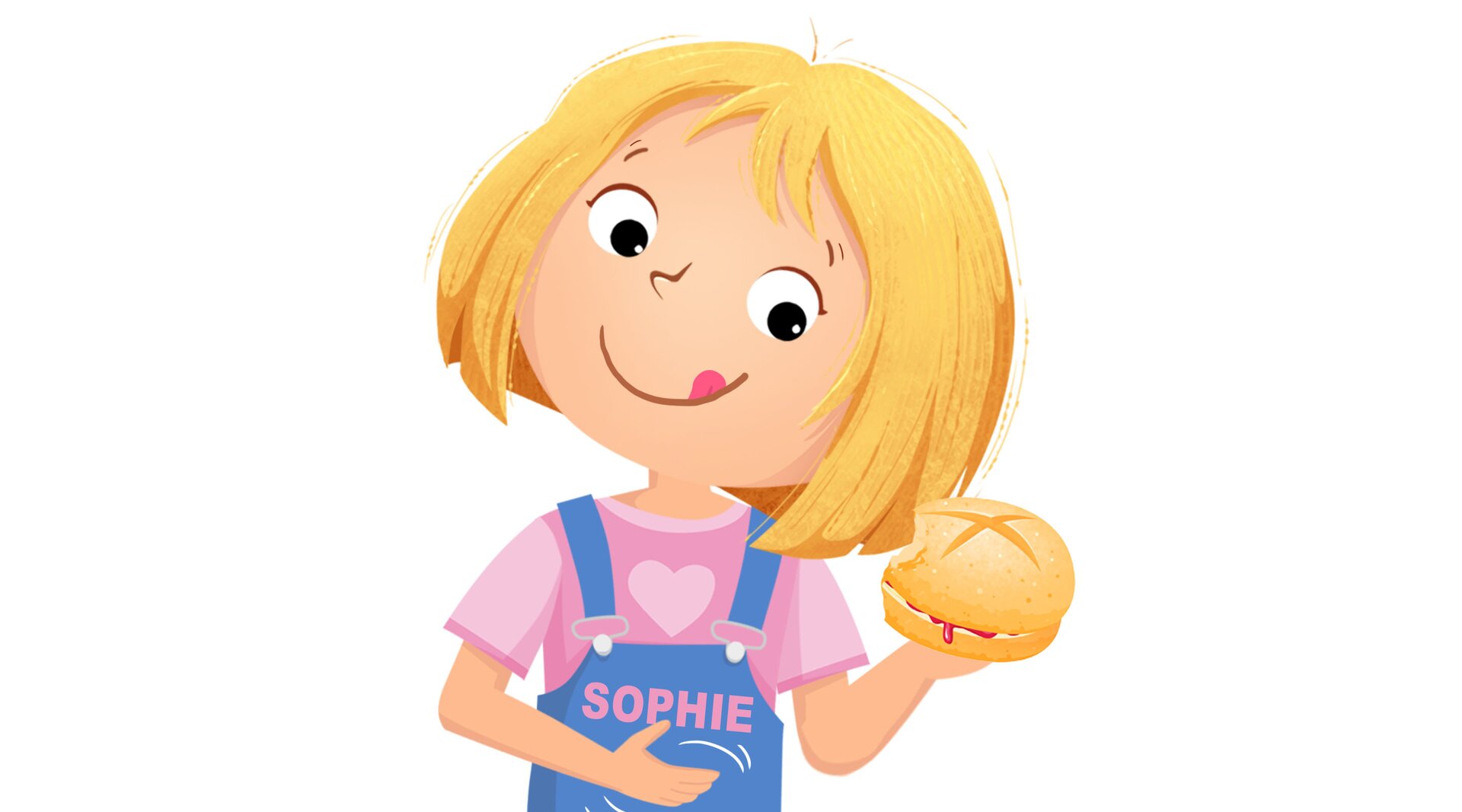 Na ilustracji znajduje się dziewczynka trzymająca bułkę.