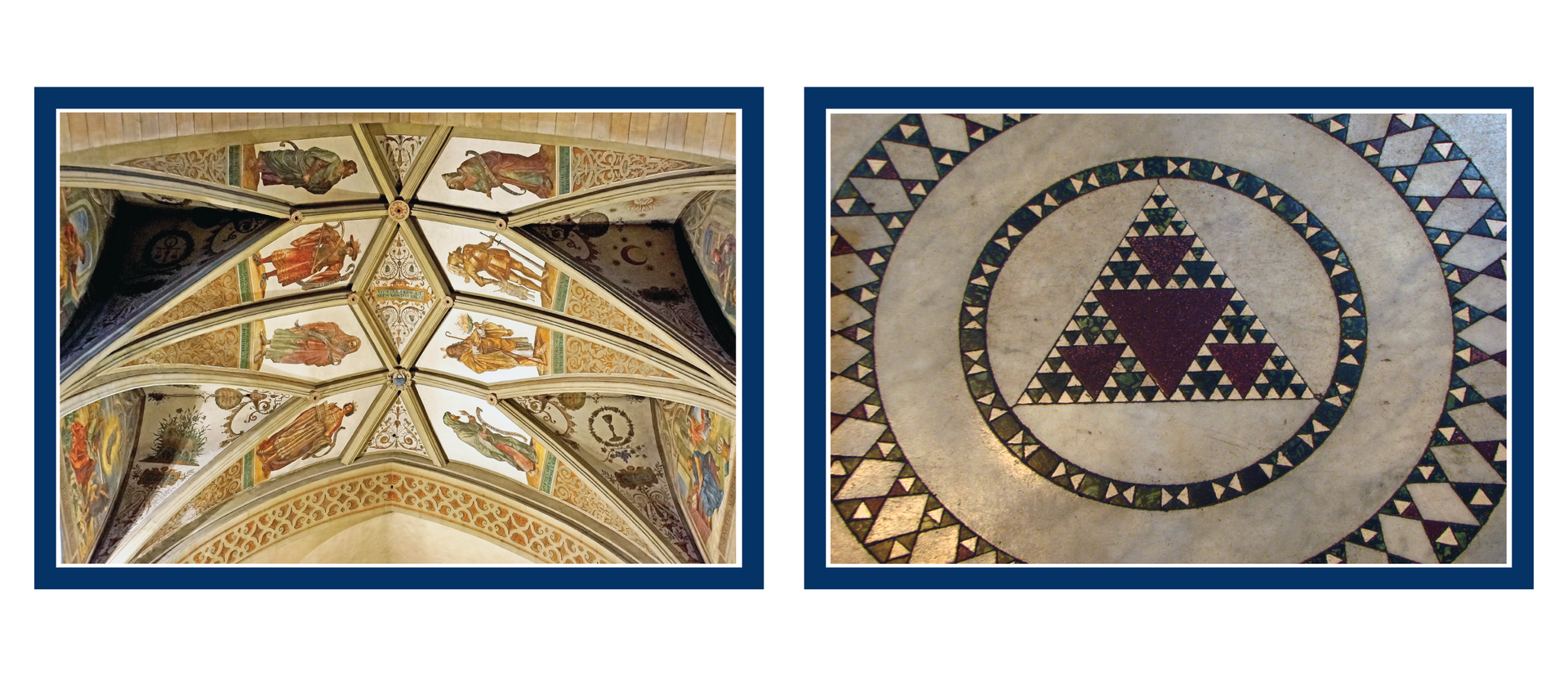 Rysunki sklepienia i mozaiki podłogowej. Na sklepieniu możemy zauważyć trójkąty i romby, na mozaice widzimy okręgi, koła i trójkąty.