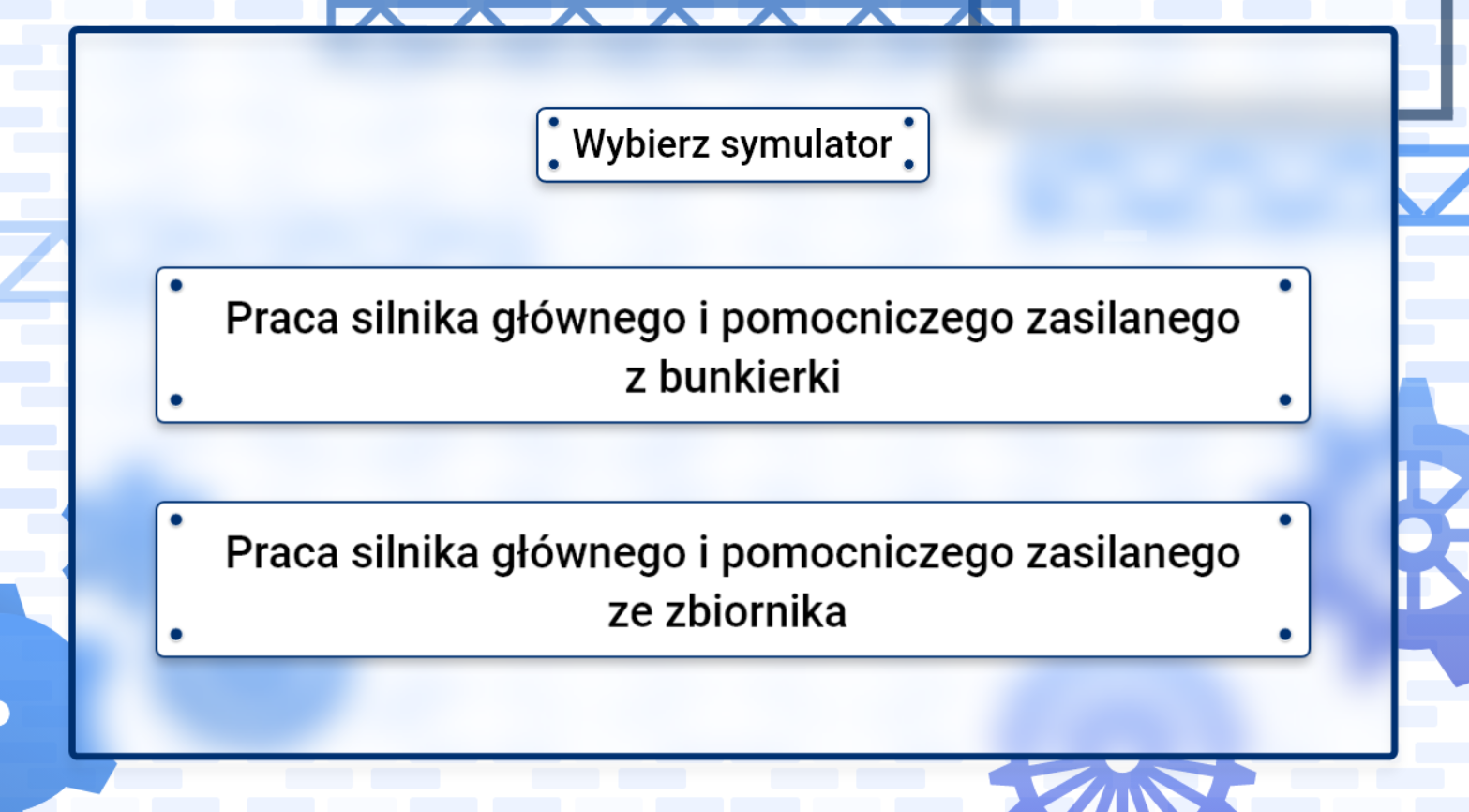 Grafika przedstawia planszę wyboru sytuacji w symulatorze. Można wybrać jedną z dwóch sytuacji.